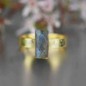 JEWELRY-RING- Rectangle Labradorite  Ring on a Hand Hammered Band - Pleasant Beach Living