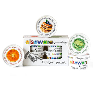 Shelf-stable, non-toxic finger paints for kids by elseware unplug / eco-kids, colorful paint containers with vibrant hues.