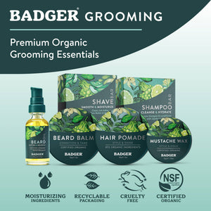 Badger Organic Beard Balm for facial hair styling, featuring a tin of natural, nourishing balm for beard grooming and softness.