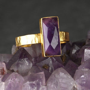 JEWELRY-RING, Amethyst  Rectangle Ring on a Hand Hammered Golden Band - Pleasant Beach Living