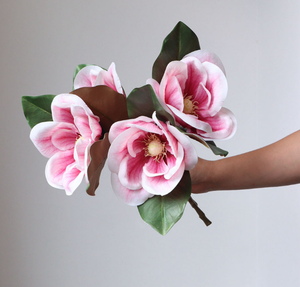 Pink Magnolia faux flower stem with 16 nature-touch blooms, realistic synthetic botanical by Sweet Home Deco.