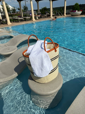 BAG/TOTE-White Mifuko Kiondo Kenya Bag with Navy stripes Premium brown Leather Rim and Straps. - Pleasant Beach Living