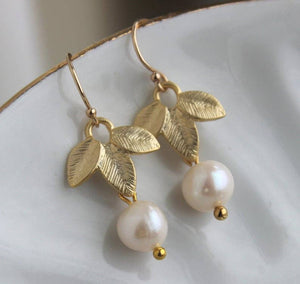 JEWELRY-EARRINGS-Gold Freshwater Pearl Leaf Earrings - Pleasant Beach Living
