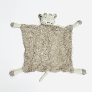 Brown plush blanket with a hippo head and limbs at each corner on a white background.