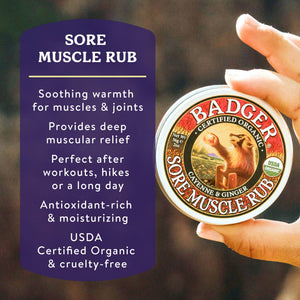 Badger Sore Muscle Rub jar showing soothing balm for muscles and joints, with natural ingredients and warm, relaxing application.