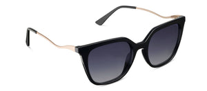 Peepers Venue sunglasses with built-in reading glasses, stylish black frames and dark tinted lenses for sun protection and reading.