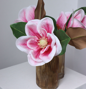 Pink Magnolia faux flower stem with 16 nature touch blooms, from Sweet Home Deco, showcasing realistic pink magnolia blossoms.