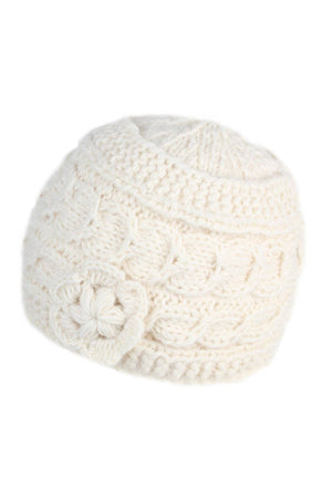 CLOTHING-Chamonix - Cream Cable Knit Crocheted Flower Beanie Hat - Pleasant Beach Living