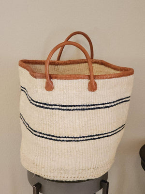 BAG/TOTE-White Mifuko Kiondo Kenya Bag with Navy stripes Premium brown Leather Rim and Straps. - Pleasant Beach Living