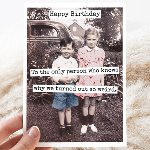 Raven's Rest Studio Happy Birthday greeting card featuring humorous handwritten style text on white background.