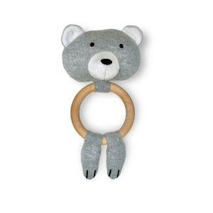 BABY- Bear - Baby Teething Ring Rattle Toy (Organic Cotton / Wood) - Pleasant Beach Living