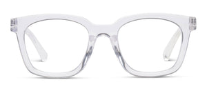 Peepers To the Max reading eyeglasses with clear frames and rounded lenses, front view showing stylish design.
