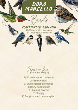 Doro Marcello Bird Garland, 24-inch paper botanical wall art with colorful paper birds on a string for decorative display