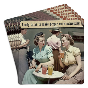 Set of six Tipsy Coasters & Gifts paper coasters featuring humorous "Only Drink To Make People More Interesting" design.