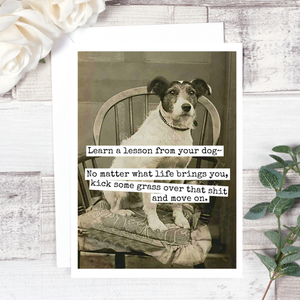 Greeting card from Raven's Rest Studio featuring a heartfelt message about learning a lesson from your dog, with colorful design elements.