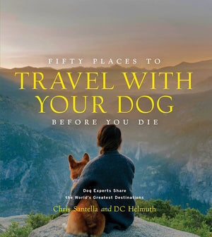 Open book titled "Fifty Places to Travel with Your Dog Before You Die" by Abrams, featuring travel destinations for dog lovers.