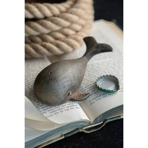 Pewter whale-shaped bottle opener from Vagabond Vintage, featuring detailed whale design, perfect for kitchen or bar decor.