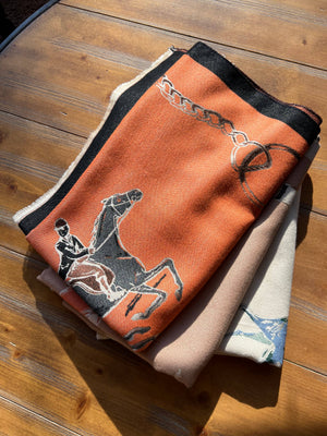 Westrian International Fox Hunter Jumper English saddle with side saddle scarf for equestrian riding, displayed on a horse.
