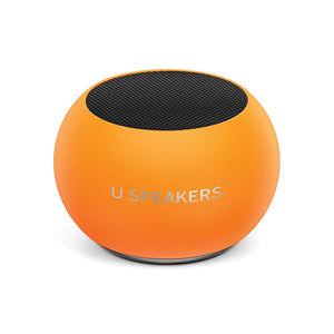 FashionIt Mini Portable Bluetooth Speaker in glow-in-the-dark orange, showing the compact design and colorful LED lighting.