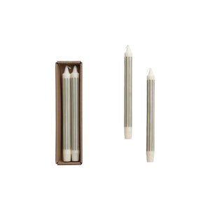 Pair of grey unscented striped taper candles from CCOI in a box, set of 2, with an estimated 6-hour burn time.