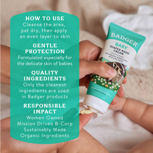 Badger Baby Bath Diaper Cream with Zinc Oxide, organic and gentle, shown in a jar with a white lid and creamy texture