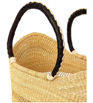 African Natural Yikene Open Wave Ghana Beach Bag - Black & Tan Handles - Pleasant Beach Living
