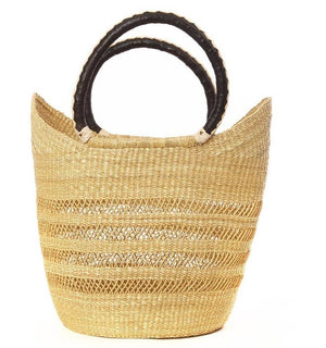 African Natural Yikene Open Wave Ghana Beach Bag - Black & Tan Handles - Pleasant Beach Living