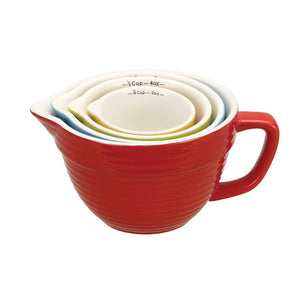 Set of four CCOI measuring bowl cups with handles, perfect for batter mixing and precise kitchen measurements.
