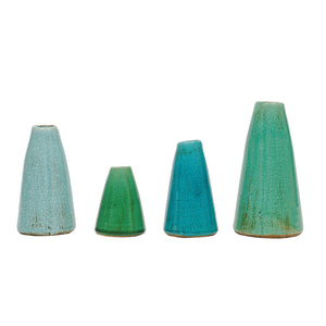 Terracotta vases with green and blue glazed finishes, featuring elegant shapes suitable for decorative display.