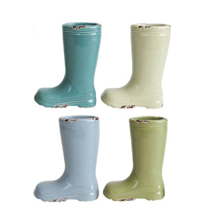 Distressed stoneware boot vase in four colors, CCOI decorative vase with rustic finish and unique shape for floral arrangements.