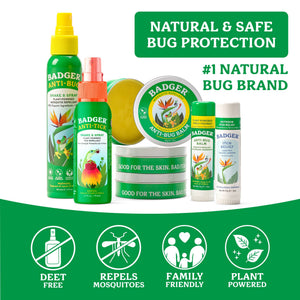 Badger Beauty Camping mosquito repellent spray bottle, organic and Deet-free, with natural plant ingredients and outdoor camping setup