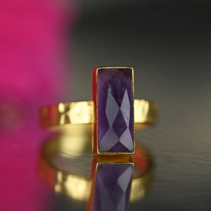 JEWELRY-RING, Amethyst  Rectangle Ring on a Hand Hammered Golden Band - Pleasant Beach Living