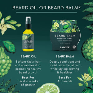 Badger Beard Balm for facial hair styling, organic and natural, showing the balm container with a wooden lid and beard styling ingredients.