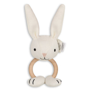 Baby blanket and bunny ring rattle gift set by Viverano Organics, featuring a scallop knit blanket and plush bunny rattle for infants.