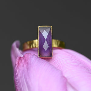 JEWELRY-RING, Amethyst  Rectangle Ring on a Hand Hammered Golden Band - Pleasant Beach Living