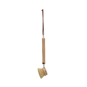 Beech wood dish scrub brush with leather strap, CCOI kitchen accessory, designed for cleaning dishes and pots.