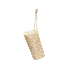 Natural bath loofa brush with cotton rope hanger, ideal for bathroom decor and gentle exfoliation.