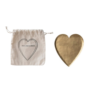 Hammered brass heart-shaped dish with engraved "Once Upon A Dream" design, decorative bowl by CCOI for elegant home decor.