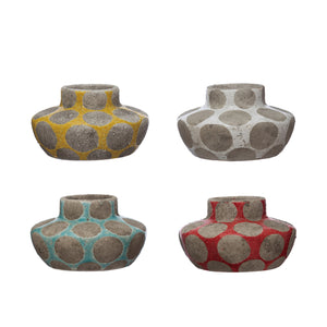 Terracotta candle holder with wax relief dots for tealights and tapers, CCOI brand, decorative and rustic candleholder.