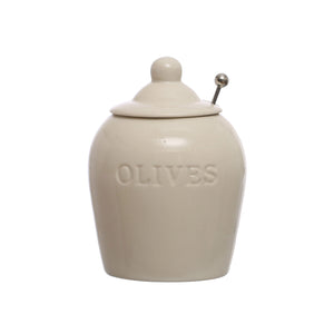 Set of two CCOI stoneware jars with debossed "Olives" label and slotted spoons for food storage, featuring a rustic design.