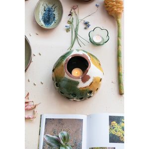Decorative Terra-cotta Candle Holder w/ Circle Cut-Outs (Each One Will Vary)