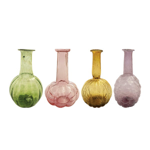 Hand-blown recycled glass vases in four styles by CCOI, featuring smooth curves and transparent designs for elegant home decor.