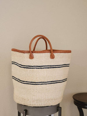BAG/TOTE-White Mifuko Kiondo Kenya Bag with Navy stripes Premium brown Leather Rim and Straps. - Pleasant Beach Living