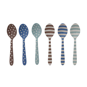Enameled stainless steel kitchen spoon with striped and dotted design, part of CCOI's serveware collection, in six styles.
