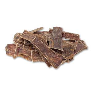 All-natural beef gullet flats dog treats from Jojo Modern Pets, 5-6 inch chews shown in a bag, perfect for dogs' dental health.