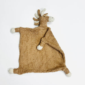 Brown plush animal blanket with white hooves and mane, resembling a deer, on a white background.
