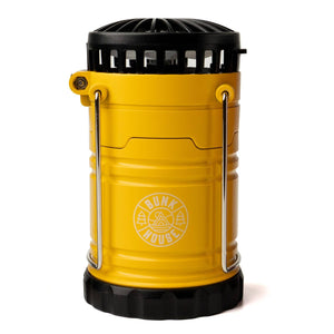 Rechargeable DM Merchandising light lantern and fan 2-in-1 device with handle and adjustable settings, suitable for outdoor use.