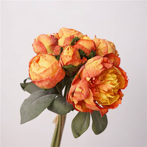 Silk peony floral bouquet with 7 stems, 12-inch size, from Sweet Home Deco, featuring vibrant spring peonies and lush greenery.