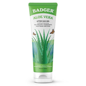 Badger Aloe Vera Gel for face and body, soothing sunburn relief with natural aloe vera in a clear tube.
