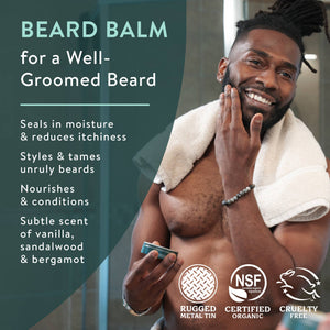 Badger beard balm with organic ingredients, facial hair styling balm for grooming and conditioning beards.